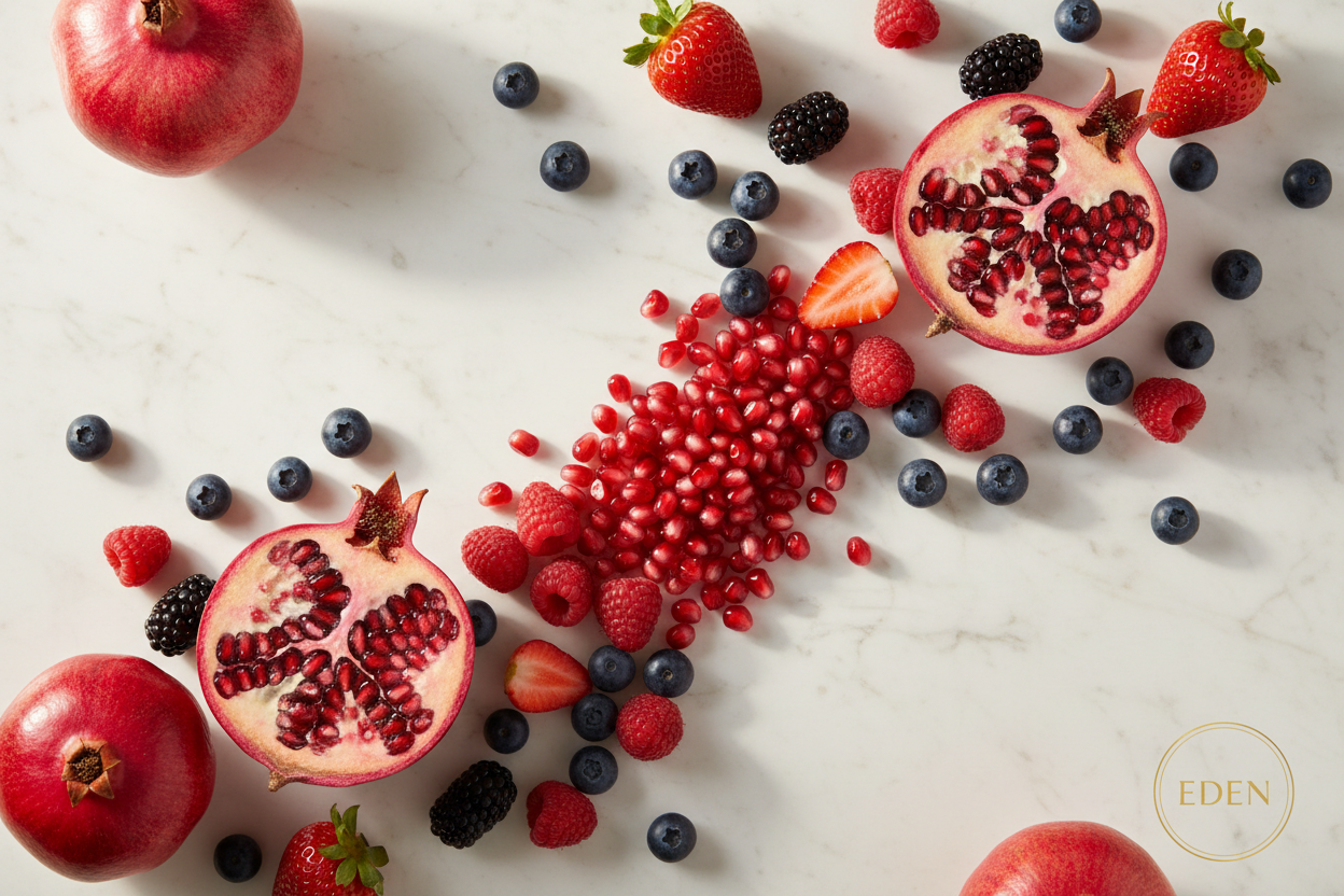 Pomegranate, figs, fresh berries, herbs and an amber dropper on a forest backdrop