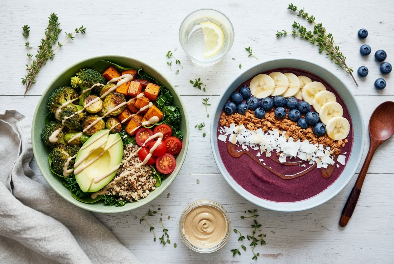 A vibrant detox spread of cold pressed juices, fresh fruit and greens