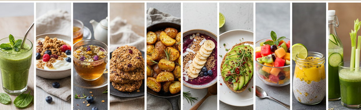 A row of vibrant real food: smoothies, yoghurt bowls, herbal tea, roasted vegetables, fruit and fresh juices