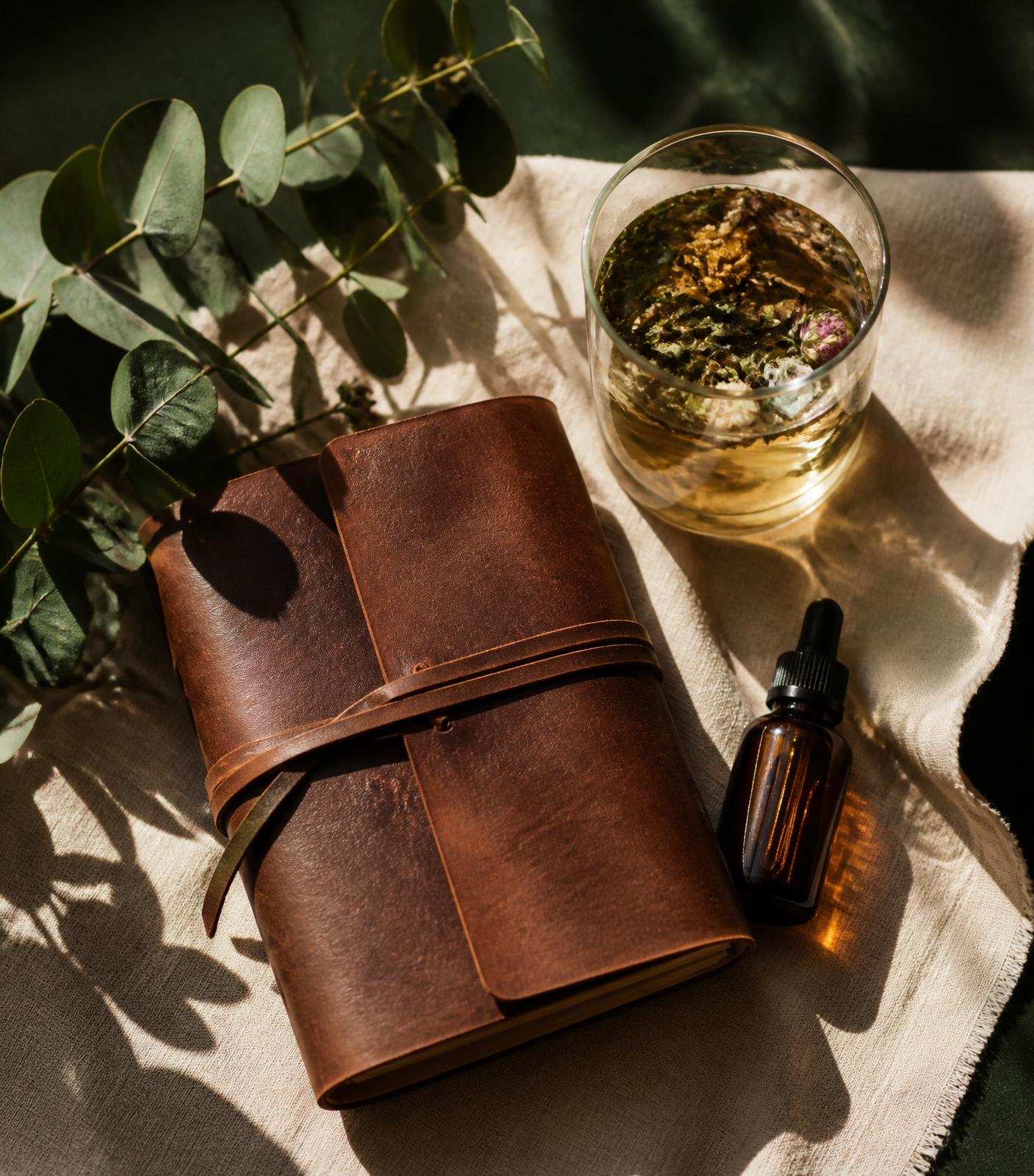 A leather journal, herbal tea and amber tincture in warm light