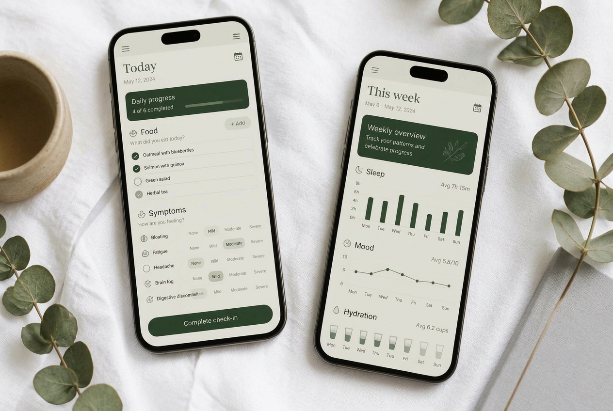 Two smartphones on cream linen with eucalyptus, showing a daily tracking check in and a weekly review dashboard