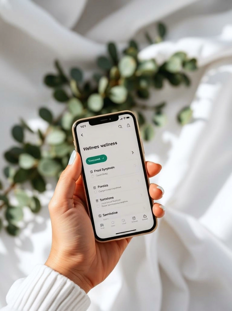 A hand holding a phone showing the wellness tracking app