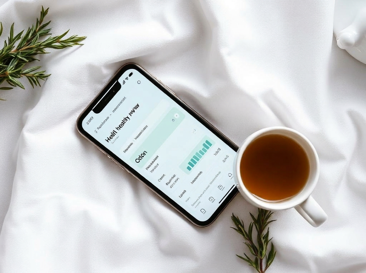 A phone on cream linen showing a weekly health review dashboard next to a mug of herbal tea