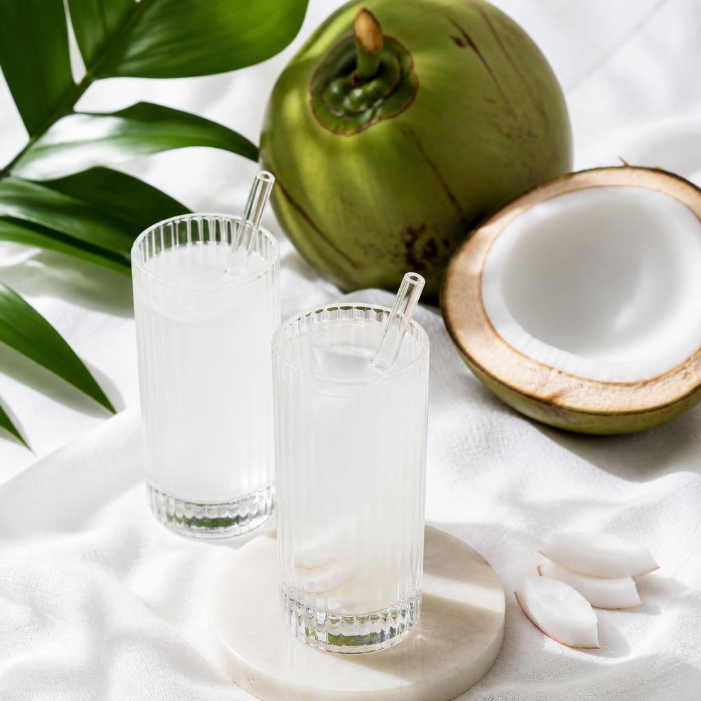 Two tall glasses of fresh coconut water on white linen with a whole green coconut and half coconut in the background