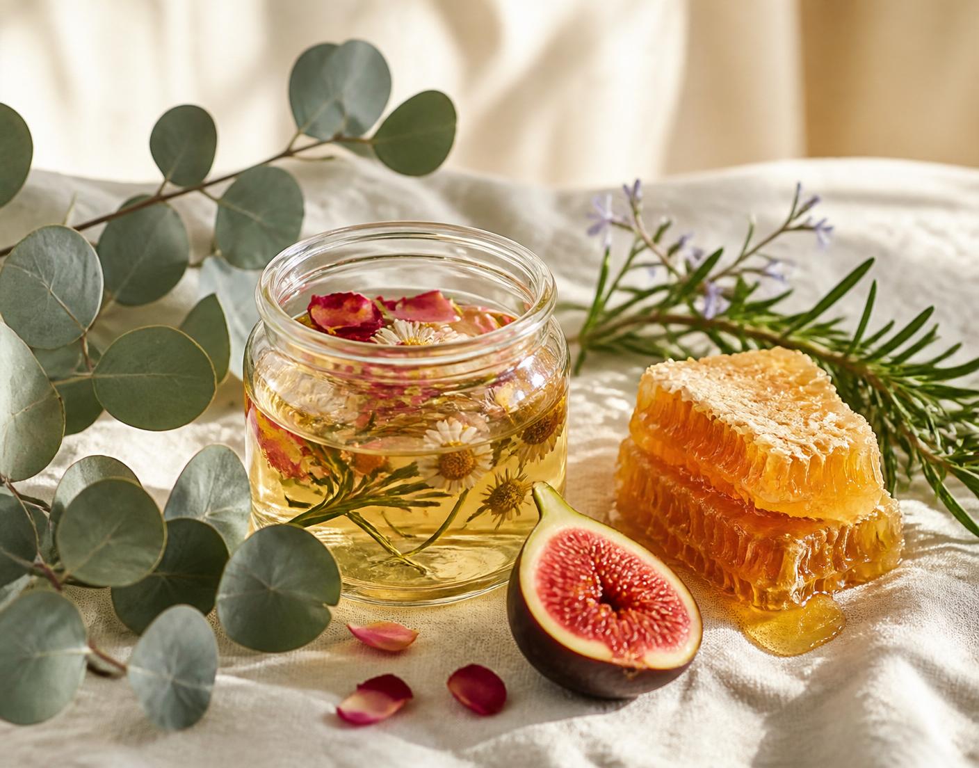 A glass jar of herbal tea with rose petals and chamomile, honeycomb, fig and eucalyptus on cream linen