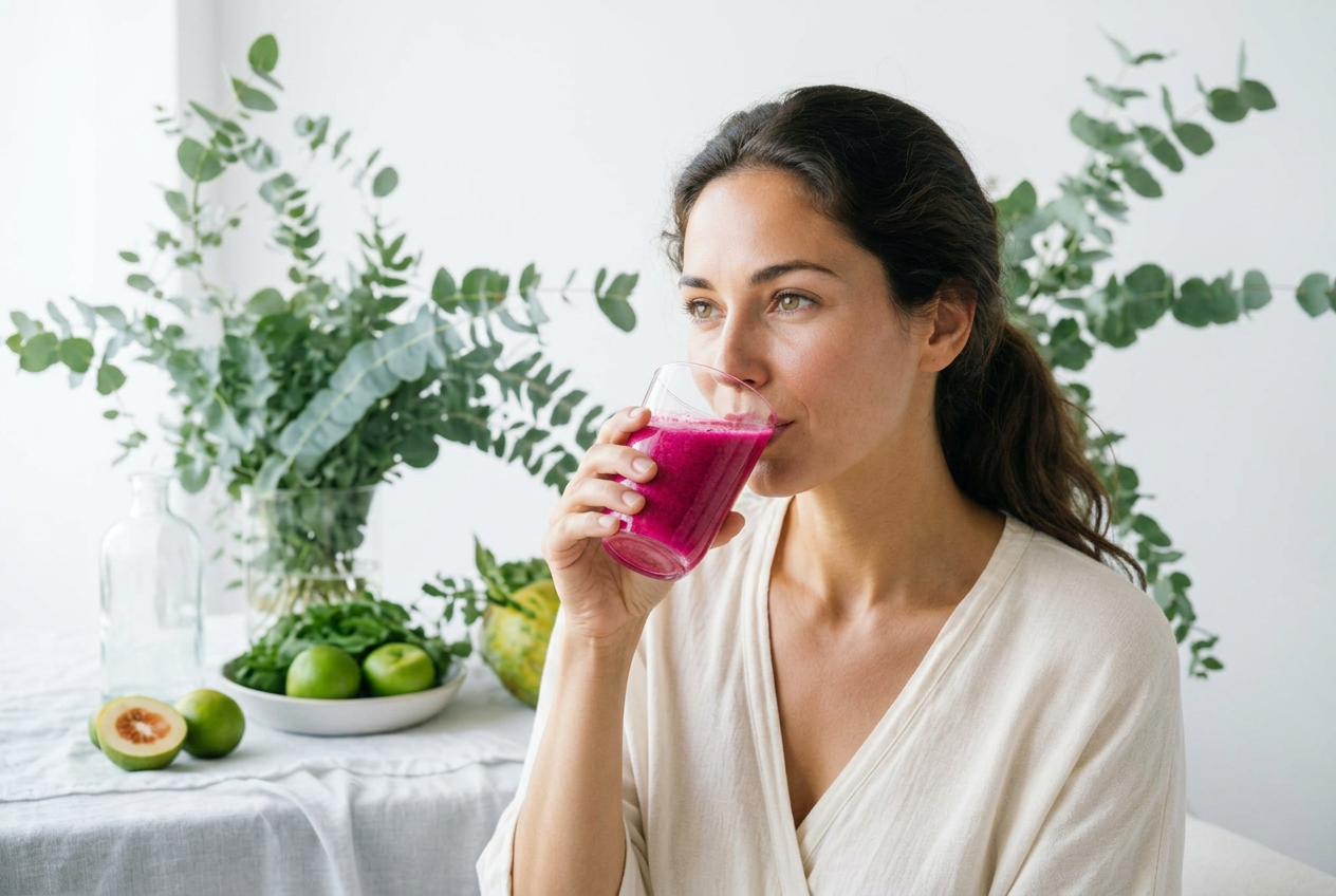 A person drinking a fresh green smoothie surrounded by eucalyptus and fresh fruit